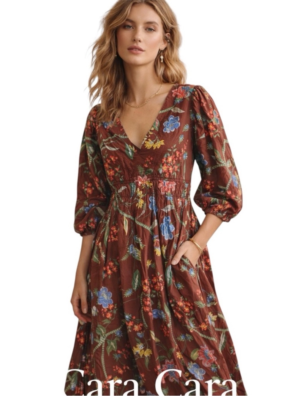 Cara Cara Ginger - Floral V-Neck Midi Dress with Blue and Yellow Blooms, XS